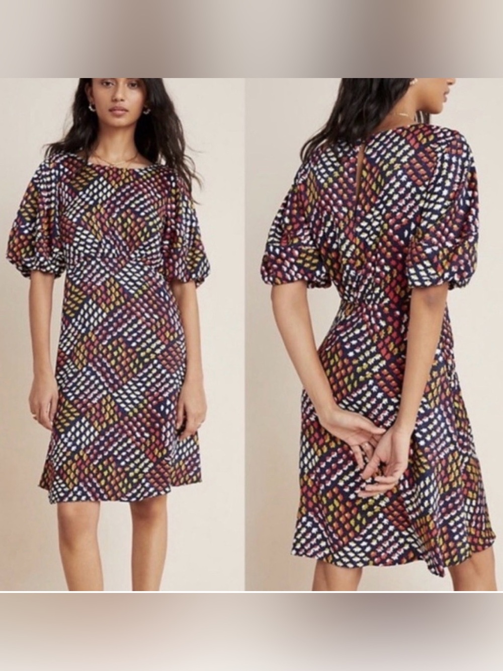 Anthropologie Maeve Melody Mini Dress 10 Geometric Puff Sleeve Viscose Boho